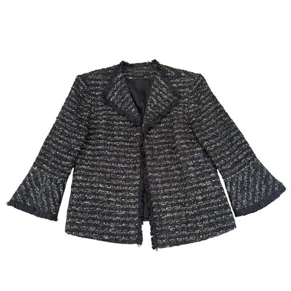 Lafayette 148 Black Tweed Blazer Jacket Open Front Women's 14 Metallic‎ Fringe - Picture 1 of 6